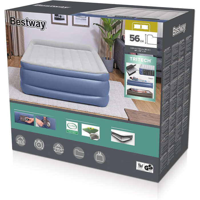 Надувне ліжко Bestway TriTech Vento з вбудованим електричним насосом Double XL/Hi 203 x 152 x 56 см