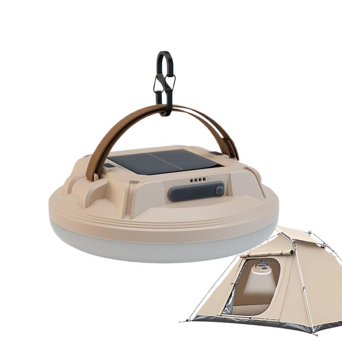Сонячний кемпінговий ліхтар - 4 режими, водонепроникний, акумуляторний, зовнішній кемпінговий ліхтар з підвісним гачком Для використання в приміщенні та на вулиці, для піших прогулянок, походів, нічної риболовлі, відключень електроенергії, бежевий