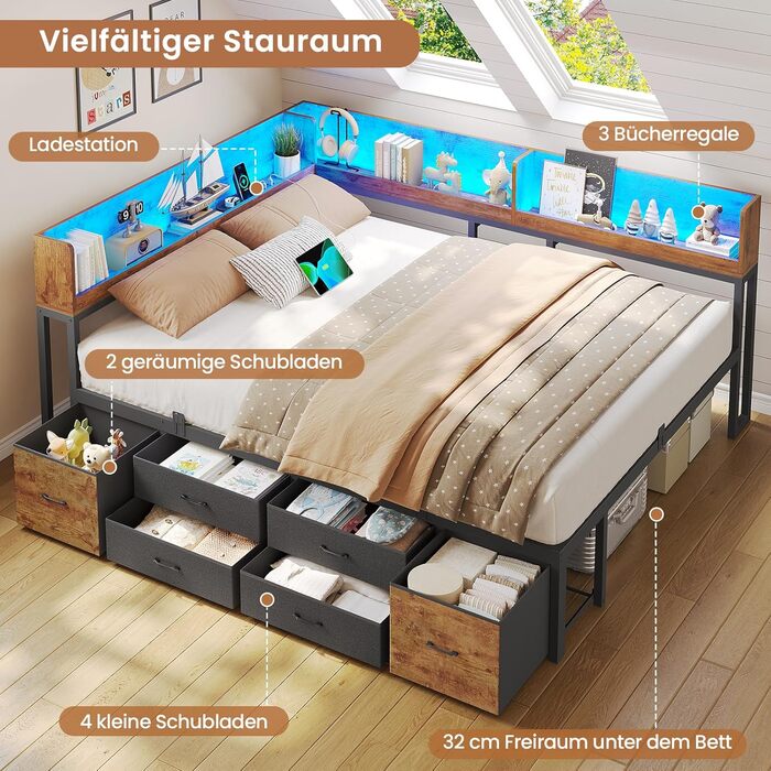 Ліжко 140x200 з місцем для зберігання речей, диван-ліжко з вбудованою книжковою полицею та 6 шухлядами, дитяче ліжко зі світлодіодним освітленням та зарядною станцією, гостьове ліжко, кушетка, каркас ліжка з рейковою основою (вінтажний коричневий, 140x200