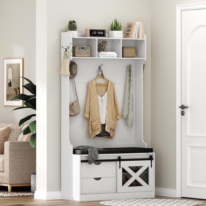 Вішалка для верхнього одягу Roomark, 6 в 1 з підставкою для взуття та 6 гачками, вішалка для передпокою з 3 верхніми полицями, під