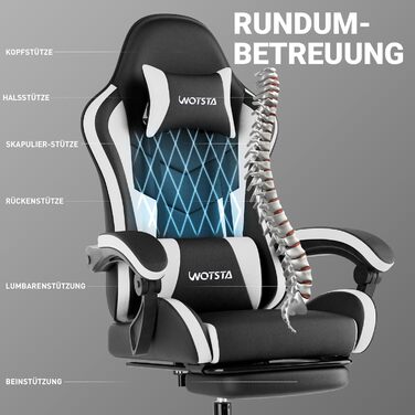 Ігрове крісло, Комп&39ютерне крісло, Ергономічне ігрове крісло з підставкою для ніг, Офісне крісло, Ергономічне комп&39ютерне крісло з поперековою опорою (BLKWT), Чорний/Білий