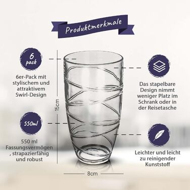 Акрилові пластикові стакани 550 мл/19 унцій - упаковка з 6 прозорих пластикових стаканчиків для пиття - багаторазові та ударостійк