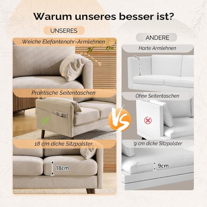 Маленький 2-місний диван Bonnlo, міні-диван 125 см, невеликий тканинний диван з м&39якими підлокітниками, маленький диван для офісу, вітальні, спальні та кабінету, легке складання, льон, бежевий