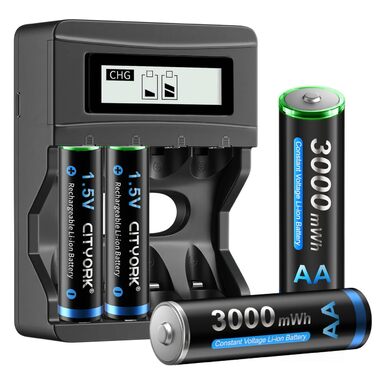 Акумуляторні літій-іонні батареї CITYORK AA, 4 акумуляторні батареї 1,5 В AA ємністю 3000 мВтгод, з 4-слотовим РК-дисплеєм Smart Charger, зарядний пристрій Micro USB, функція швидкої зарядки для автомобіля