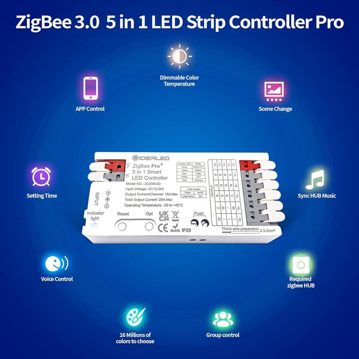 В 1 Контролер світлодіодної стрічки ZigBee 3.0 Pro для RGBCCT RGBW RGB CCT і 5 світлодіодних стрічок White Cob, сумісний з ZigBee Hub Bridge, TUYA та Echo Plus, APP/Alexa Voice Control Зміна кольору Затемнення, 5