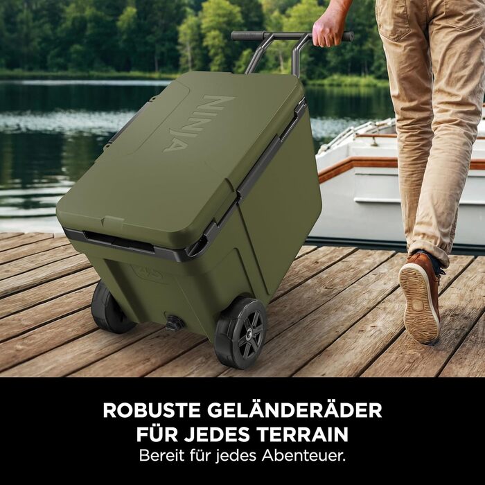 Холодильник Ninja FrostVault з колесами та ізоляцією, з пляшкою Ninja Thirti та пакетом з льодом, вбудованою шухлядою сухої зони для зберігання за температури холодильника, оливково-зелений, FB245AMZEUUKGN 42 л зелений