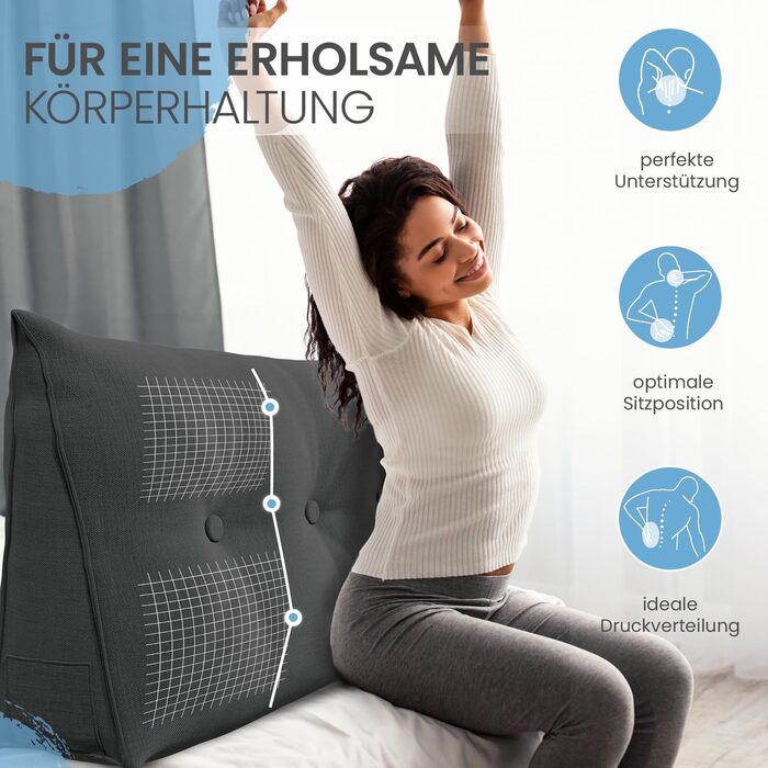 Подушка для спинки ELONEO шириною 100 см, клиноподібна подушка, підходить для ліжка та дивана, трикутна подушка для читання, подушка зі знімним чохлом, який можна прати, з практичною бічною кишенею, антрацит, 100 см