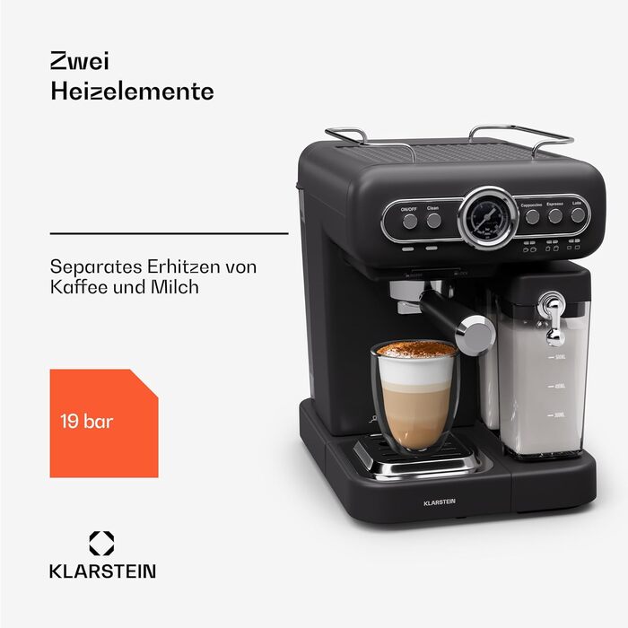 Кавоварка Klarstein Espresso Portafilter з піноутворювачем, міні-еспресо-машина 1.2 л з портафільтром, кавомашина потужністю 1350 Вт маленька кавоварка з нержавіючої сталі для капучино, латте та макіато Black Espressionata evo milk