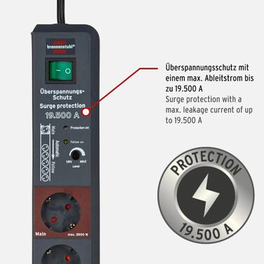 Розетка Brennenstuhl Secure-Tec 6-місна із захистом від перенапруги та функцією Main Follow (розетка з вимикачем і кабелем 3 м) ан