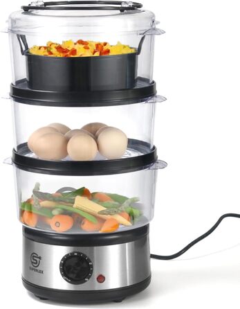 Електрична парогенератор SUPERLEX 7,5 л з 3 контейнерами для пароварки та кришкою Можна мити в посудомийній машині, таймер з паровим двигуном на 60 хвилин, автоматичне вимкнення, без бісфенолу А