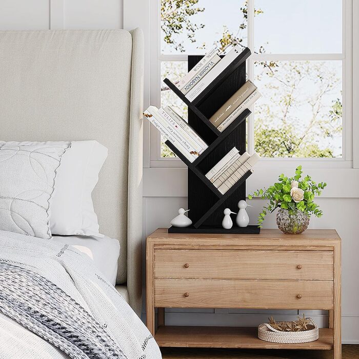 Книжкова полиця YMYNY у формі дерева, 4-рівнева перегородка для кімнати, сучасна дерев&39яна полиця для книг/фільмів/компакт-дисків, вузька підставка для спальні, домашнього офісу, чорна HBC014B 60 см 4 яруси чорного кольору