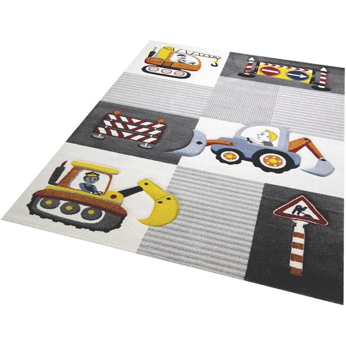 Ігровий килимок дитяча кімната будівельний майданчик дорожні знаки екскаватор кран кремовий сірий жовтий розмір 200 х 290 см