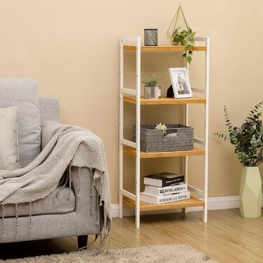 Бамбукова полиця SONGMICS, кухонна полиця, полиця для ванної кімнати, книжкова полиця, окремостояча полиця з 4 полицями, 31,5 x 45 x 111 см, для ванної кімнати, кухні, вітальні, спальні, балкону, натурально-білий BCB74WN Натуральний білий 4 рівні (111В см