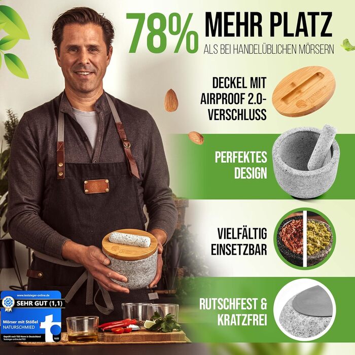 Ступка з пестком і кришкою - Герметичне закриття 2.0 накладка SolidStand 750 мл - Гранітна ступка преміум-класу світло-сірого коль