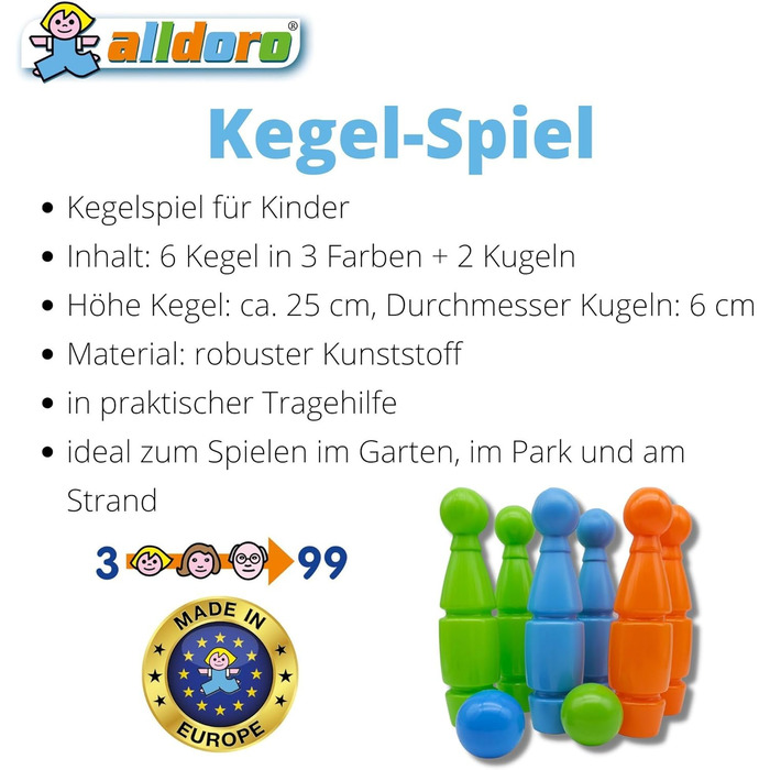 Набір Skittles для дітей, 8 предметів пластик 6 Skittles, кожен заввишки 25 см, різнокольорові, з 2 м&39ячами та ручкою для перенесення, 60045