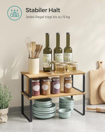 Стійка для спецій, Набір з 2 кухонних органайзерів, Кухонна полиця, Організатор для шафи, Розширювана, Мала полиця, Штабелюється, Металевий та Дерев&39яний Композит, Чорнило Чорний-Натуральний Бежевий KCS200B01 39,7 см Чорнило Чорний Натуральний Бежевий