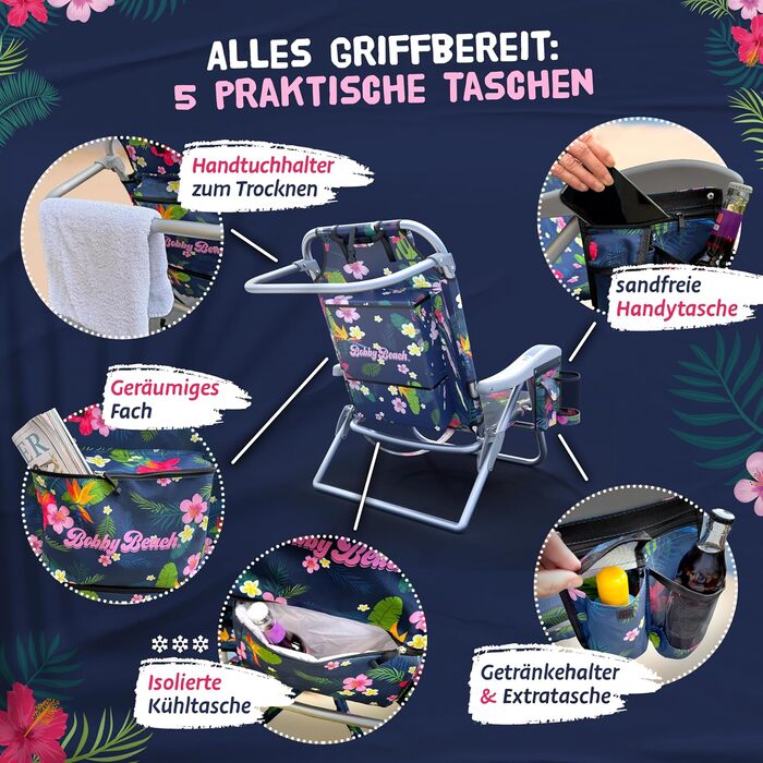 Пляжне крісло Bobby Beach Складане крісло та пляжний шезлонг, легке та зручне для перенесення як рюкзак Складане кемпінгове крісло з тримачем для напоїв та кишенями Складаний шезлонг та шезлонг (пляжне крісло, нічно-блакитне) нічно-блакитне пляжне крісло