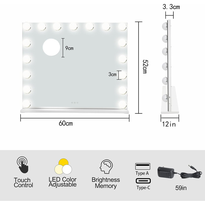 Дзеркало для макіяжу LIANWANG з підсвічуванням, дзеркало з 17 світлодіодами з регулюванням яскравості та 3 колірними температурами, голлівудське дзеркало з сенсорним управлінням, 60x50см 52L x 60B см Білий