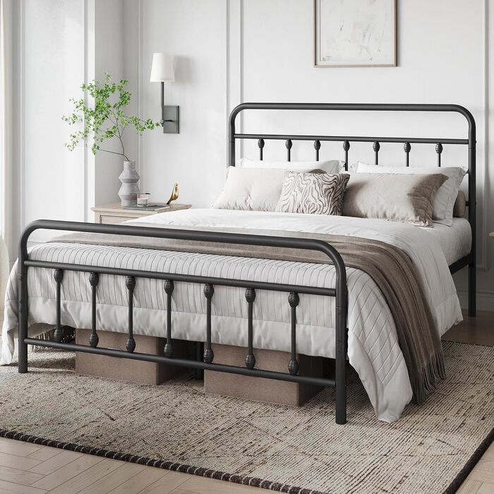 Ліжко Yaheetech Vintage Style Carpet 140 x 200 см з металевим каркасом та рейковою основою, сучасне гостьове ліжко, дитяче ліжко, чорне 140 x 200 см