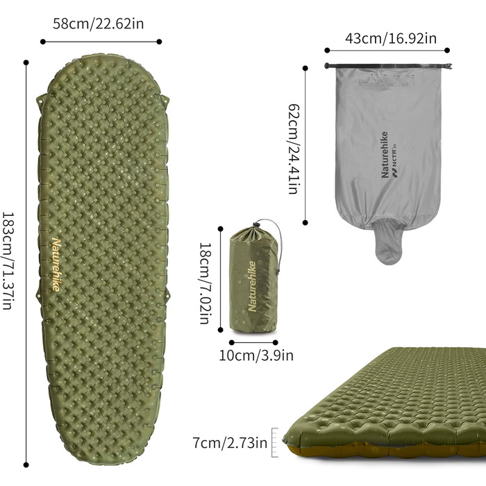 Килимок для сну Naturehike з високим R-значенням 3.5, ультралегкий, 4 сезони (6), самонадувний, з надувним мішком, міцний, високий R-значення, висока ізоляція, для зими, військово-зелений - Мумія - L