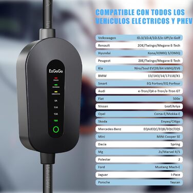 Зарядний кабель EzGoGo Type 2 Schuko 3,68 кВт 1-фазний / 6,1 м / 6-16А, портативна сумка тримач тканина з мікрофібри ремінець для