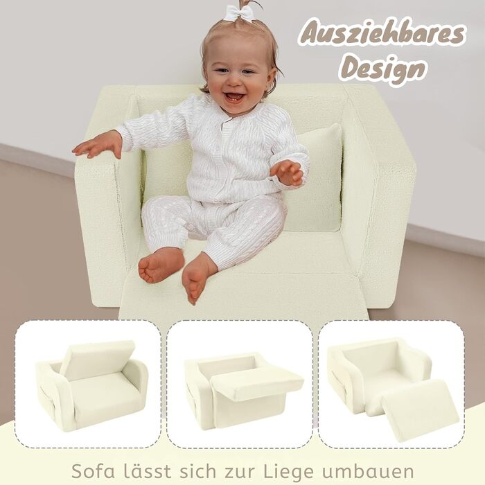 Дитячий диван/крісло MeMoreCool, розкладний, зручний диван-ліжко для малюків, розкладний диван 2-в-1 для дитячої кімнати, кутовий міні-диванчик з функцією сну для хлопчиків та дівчаток (бежевий)
