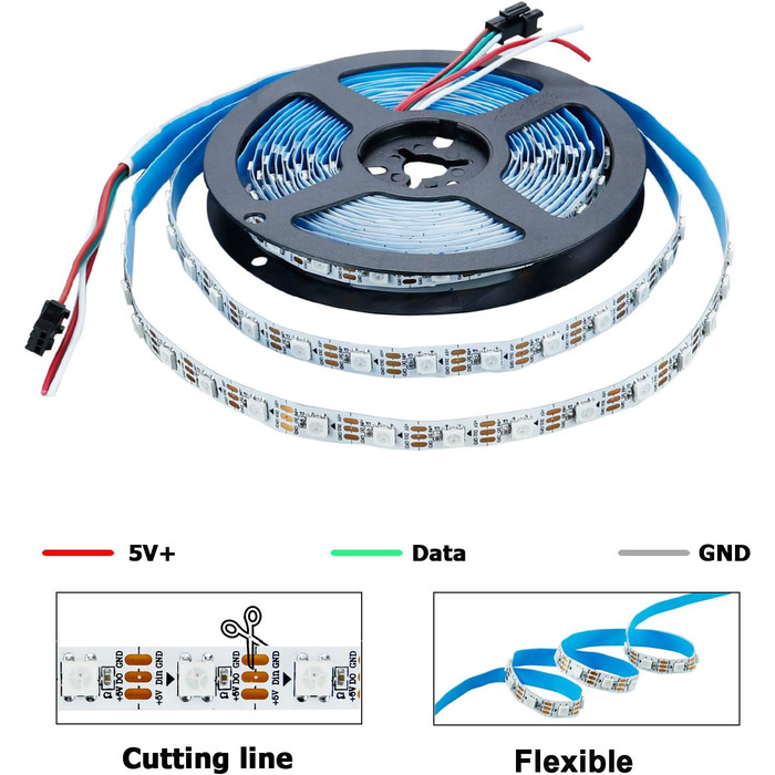 В WS2812B індивідуально адресована світлодіодна стрічка COB 5M 160 світлодіодів / м Гнучка світлодіодна стрічка RGB Повнокольорова Dream Color IP20 Неводонепроникна світлодіодна стрічка для домашньої вечірки (біла друкована плата, 300 світлодіодів/5 м), 5