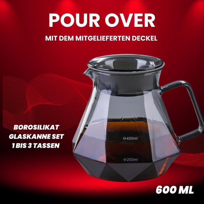 Кавоварка для наливу, набір глечиків з боросилікатного скла 600 мл, ручка з волоського горіха, фільтр кавоварки, ресторан і кемпінг, від 1 до 3 чашок