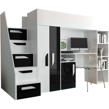 Двох'ярусне дитяче ліжко Hula 14 Двох'ярусне ліжко з шафою, письмовим столом і сходами, на вибір кольору, дитяче ліжко (білий/біли