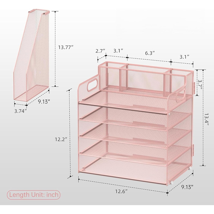 Органайзер для столу з тримачами для файлів, 5 рівнів, органайзер для столу з 3 тримачами для ручок, лотком для паперу та листів для офісу, дому, організації та зберігання, рожевий