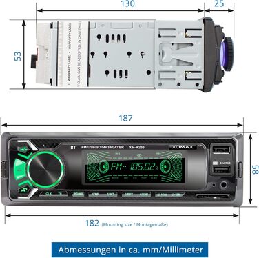 Автомагнітола XOMAX XM-R266 з системою гучного зв'язку Bluetooth, функція зарядки смартфона через 2-й USB-порт, вугільна оптика, 7 світлодіодів з регулюванням кольорів, RDS, USB, SD, MP3, AUX, 1 DIN