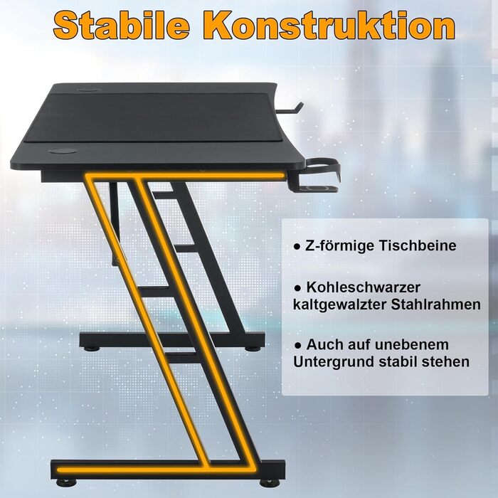 Ігровий стіл UISEBRT, Ігровий комп&39ютерний стіл з вуглецевим волокном - Ергономічний ігровий стіл до 150 кг для спальні та офісу - 140x60x74 см 140x60x74 см без світлодіодного підсвічування