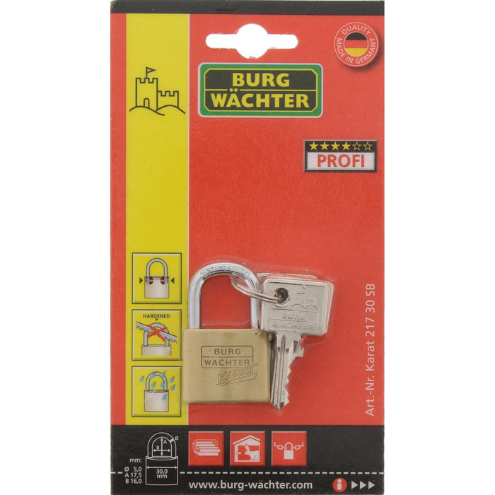 Замок навісний Burg-Wchter Karat 217 30/6, латунь, 5 мм, з ключем. Міцний, загартований, з захистом від зрізу дужки.