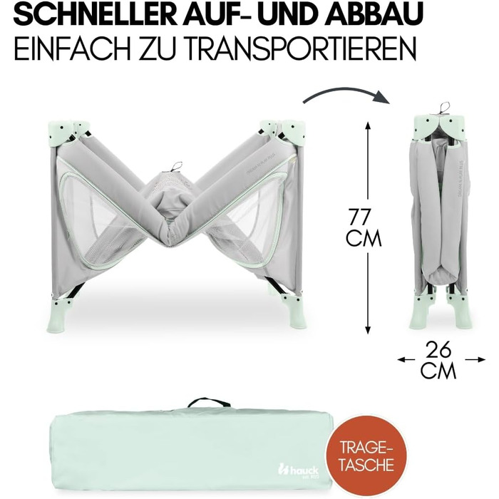 Дитяче дорожнє ліжечко hauck Dream N Play Plus XXL комплект аксесуарів з матрацом, ігровим тентом та сіткою від комах, складне та розкладне, сумка та великий вхід Dusty Mint