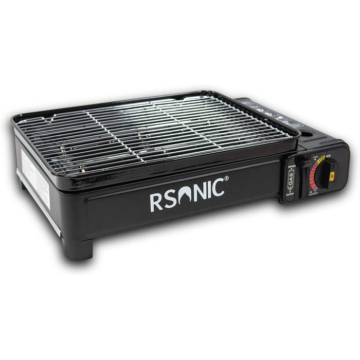 Портативний газовий гриль Rsonic на бутані з решіткою для гриля та пластиною для гриля, включаючи футляр для перенесення, кемпінговий гриль, картриджний гриль, портативний, чорний, безкоштовний освіжувач повітря Clearfee