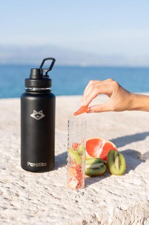 Пляшка для води з нержавіючої сталі 1 л аксесуари для чаю - термос, ситечко для чаю, заварювач для фруктів, спортивна кришка, насадка-трубочка (подарунковий набір чорного кольору)