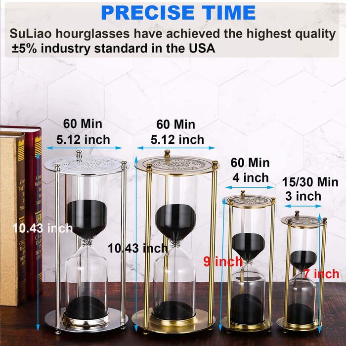 Пісочний годинник SuLiao для Uten, Поворотний на 720, Старовинний білий пісочний годинник, Вінтажний пісочний годинник 1 Hora Reloj de Arena, Великий метал, Пісочний годинник, Офіс, Письмовий стіл, Дім, Весільне оформлення (Чорний, 15 хвилин)