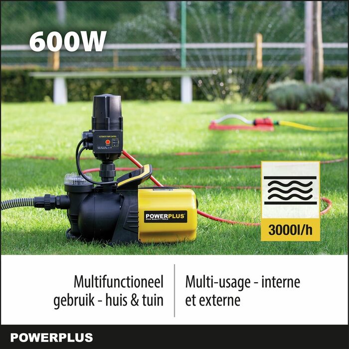 Потужний електричний водяний насос POWER plus POWXG9561-600 Вт, тискний насос, максимальна температура води 35C, продуктивність 3000 л/год, садовий насос, самовсмоктуючий насос, занурювальний насос, для дому та саду