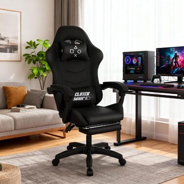 Ергономічне ігрове крісло FRANKYSTAR Clutch з поперековою подушкою, підголівником та підставкою для ніг з ПВХ, чорного кольору