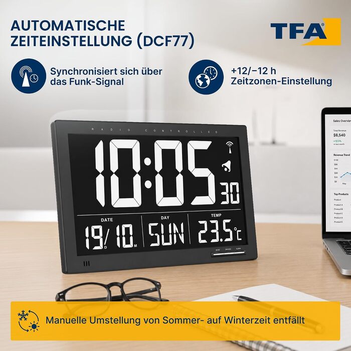 Цифровий настінний годинник TFA Dostmann XL (60.4505) з радіосинхронізацією, термометром та відображенням дати й дня тижня, чорний, 368 x 29 x 230 мм