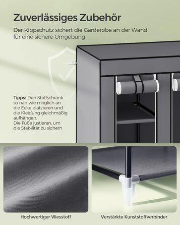 Шафа, Тканинна шафа, 12 з рейкою для одягу та полицями, Міцна шафа, для спальні, гардеробної, 150 x 45 x 175 см, Сірий LSF03G