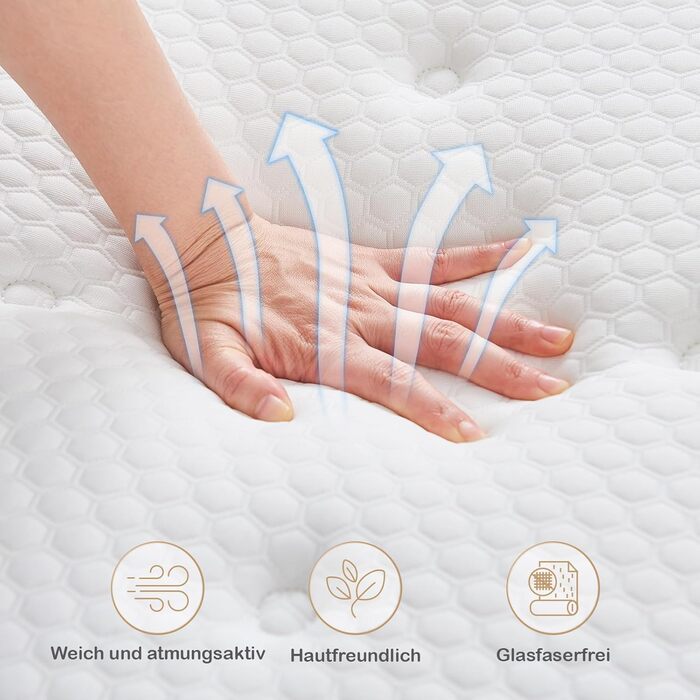 Матрац 140x200 см, висота 26 см, 7-зонний пружинний матрац, ортопедичний пружинний матрац кишенькової форми з комфортним шаром піни з ефектом пам&39яті, рівень жорсткості H3, розвантажує спину, 100-денний пробний період, 26 см, 140x200x26 см