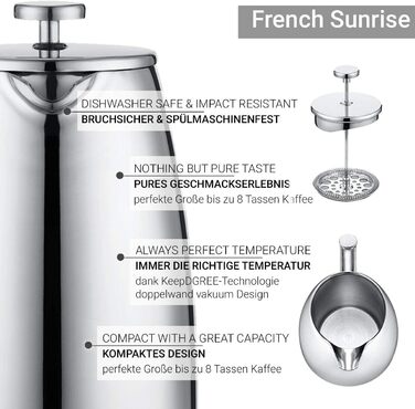 Френч-прес з нержавіючої сталі 720 DGREE Sunrise - 1 літр - без бісфенолу А - кавоварка, кавник з постійним фільтром - Елегантний кавник на 4-8 чашок Ідеальна насолода кавою