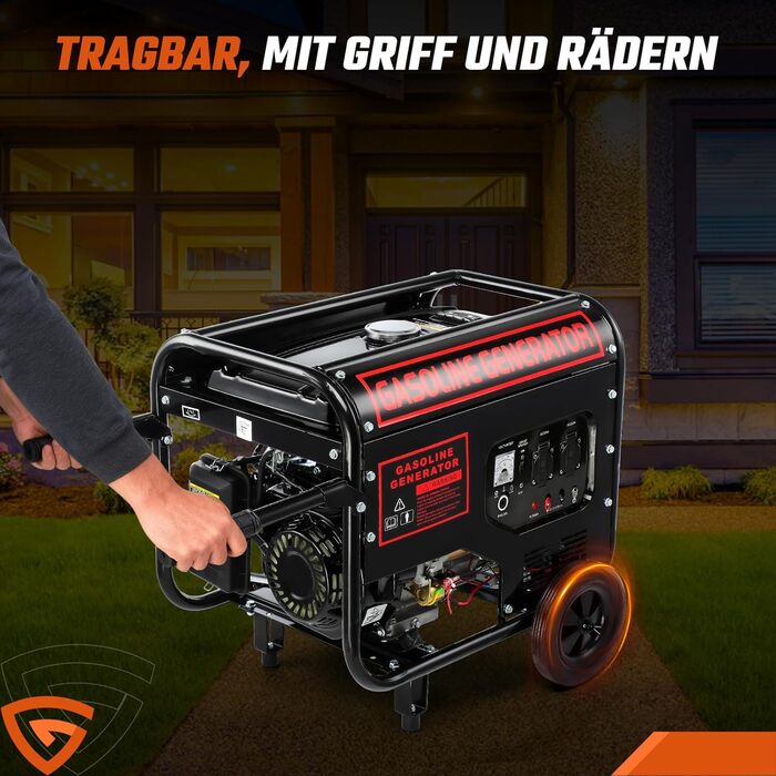 Тактний бензиновий генератор, електричний стартер 5000 Вт, аварійний генератор 12 к.с. з автоматичним регулюванням напруги (ARV), 2 розетки 230 В, 1 розетка 12 В, бак 15 л, 50 Гц, CE, портативний на колесах, для кемпінгу, будівельних майданчиків та дому, 