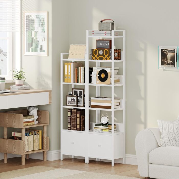 Книжкова полиця з шухлядою, окремостояча полиця, з 6 полицями, 33 x 24 x 157,5 см, книжкова шафа з металевим каркасом, органайзер для вітальні, кабінету або кухні, біла ABKWT66101 6 полиць (33 x 24 x 157,5 см) Біла