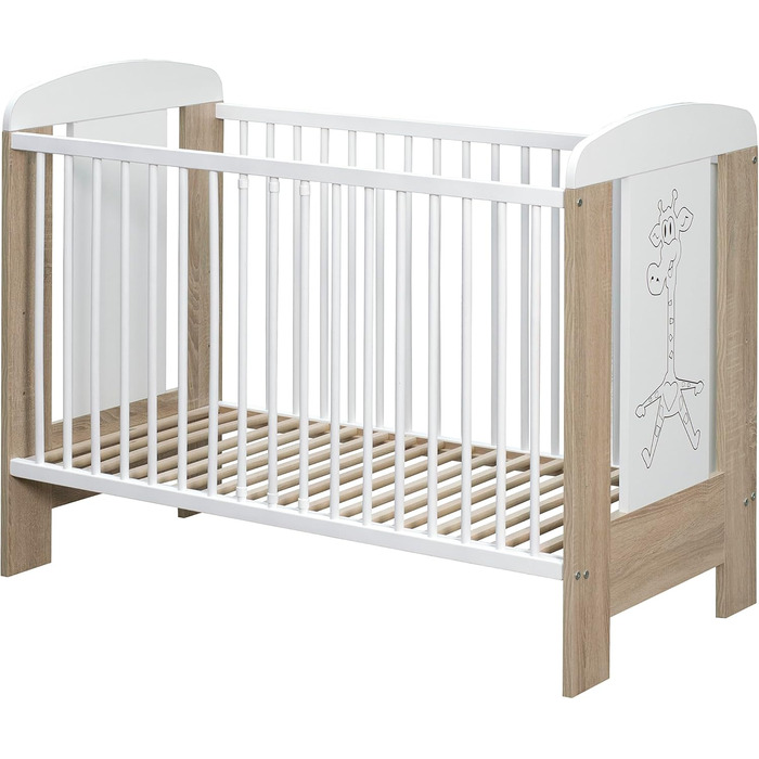 Дитяче ліжечко/ліжечко для малюків 120x60 см з масиву бука регульована висота в 3 напрямках, 3 знімні перекладини, перевірено EN 716 білий/сонома, жираф Модель Kamil
