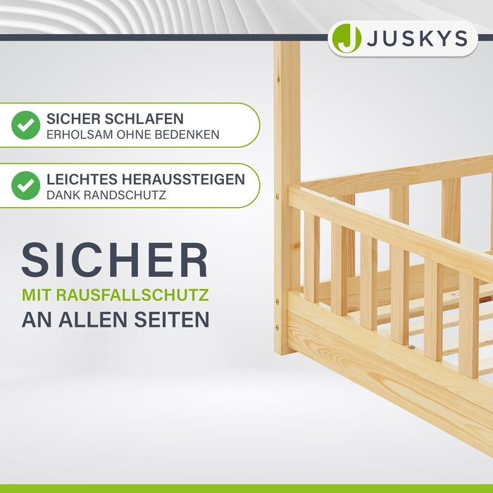 Дитяче ліжко Juskys Marli 90 x 200 см із захистом від падіння, рейковою основою та дахом - Ліжко-будиночок з масиву дерева для дітей - Ліжко натурального коричневого кольору