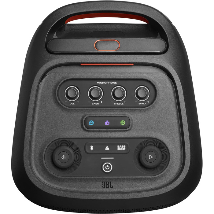 В чорному кольорі - портативна Bluetooth колонка з JBL Pro Sound, світловим шоу, підсилювачем звуку AI, колесами та телескопічною