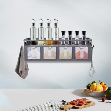 Підвісний органайзер для спецій з 4 знімними підставками для спецій, настінна кухонна підставка для солі, перцю, цукру, спецій (сіра)