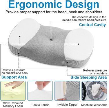 Подушка Ainiv з піни з ефектом пам&39яті, ергономічна подушка, подушка для голови для сну на боці, спині та животі, покращує якість сну, сірий колір